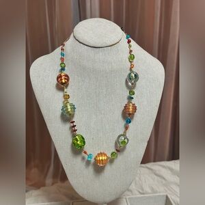 Vibrant 18" Murano Glass Foil Bead Necklace Artisan Hand-Forged Hook Clasp